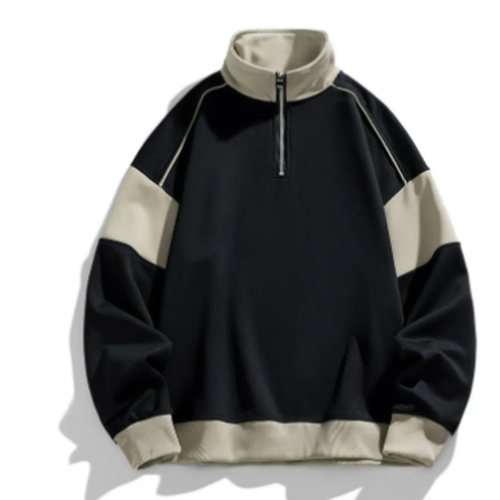 Men's black corduroy hooded pullover sweater with drop shoulders and loose lapels
