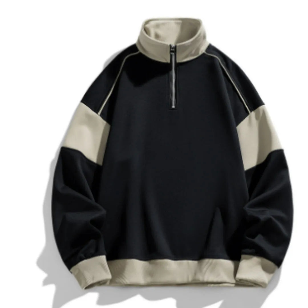 Men's black corduroy hooded pullover sweater with drop shoulders and loose lapels