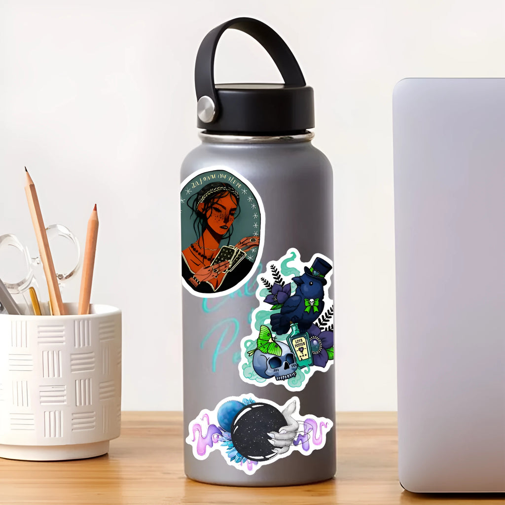 Pack of 50 colourful waterproof PVC glossy stickers for laptops and smooth surfaces.