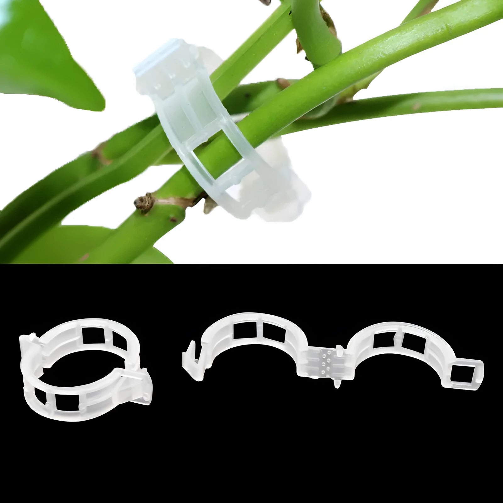 Set of 50 green plastic plant grafting clips for securing tomato vines and garden plants.