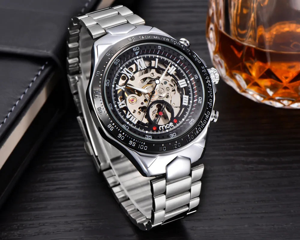MCE men's explosion-proof mechanical watch on wrist, showing multiple colour options.