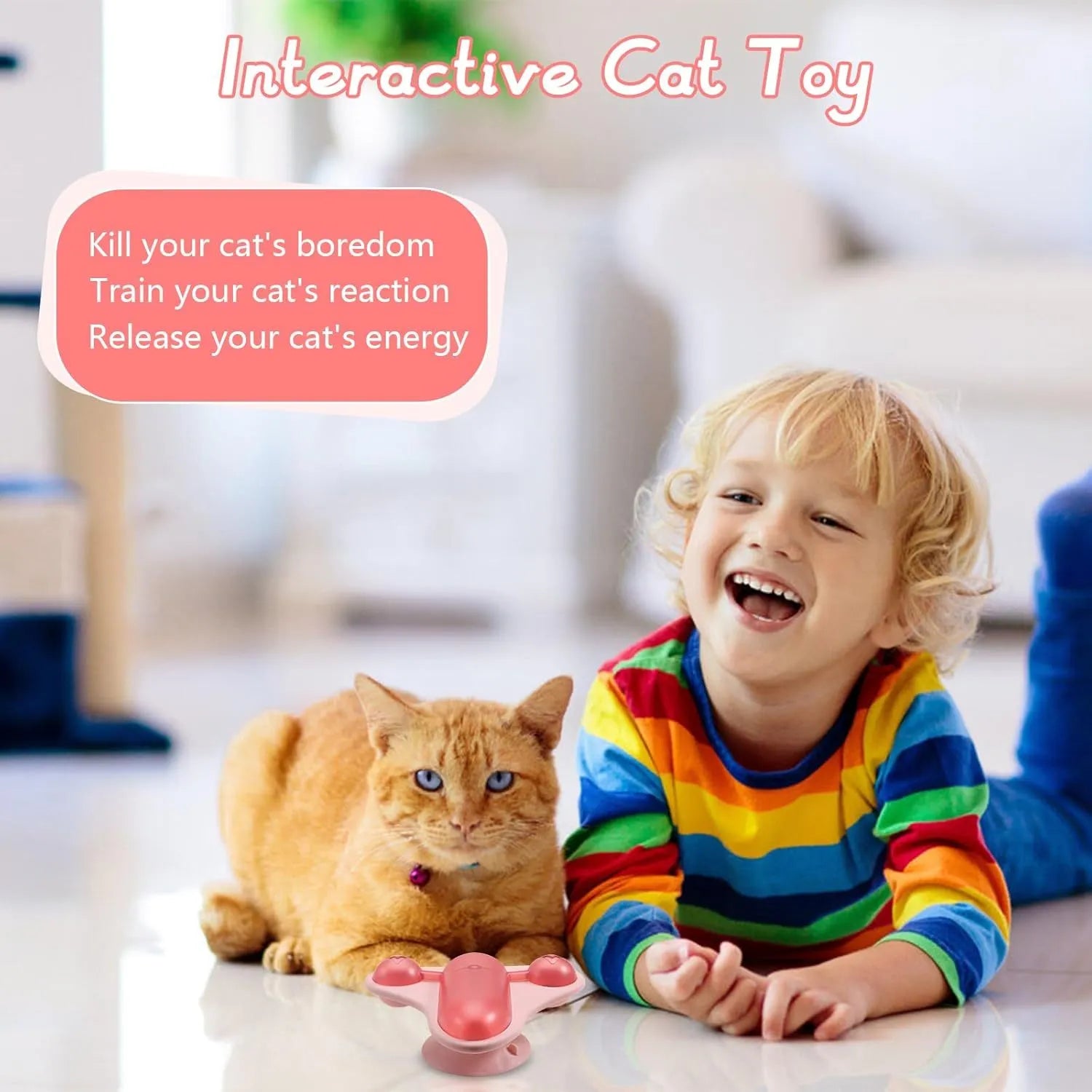 Blue interactive pet puzzle toy with bell, catnip pouch, and clear snack cabin on a suction cup base.
