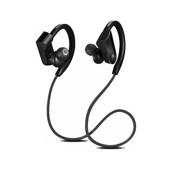Black neck-mounted Bluetooth earphones with earbuds and USB charging cable