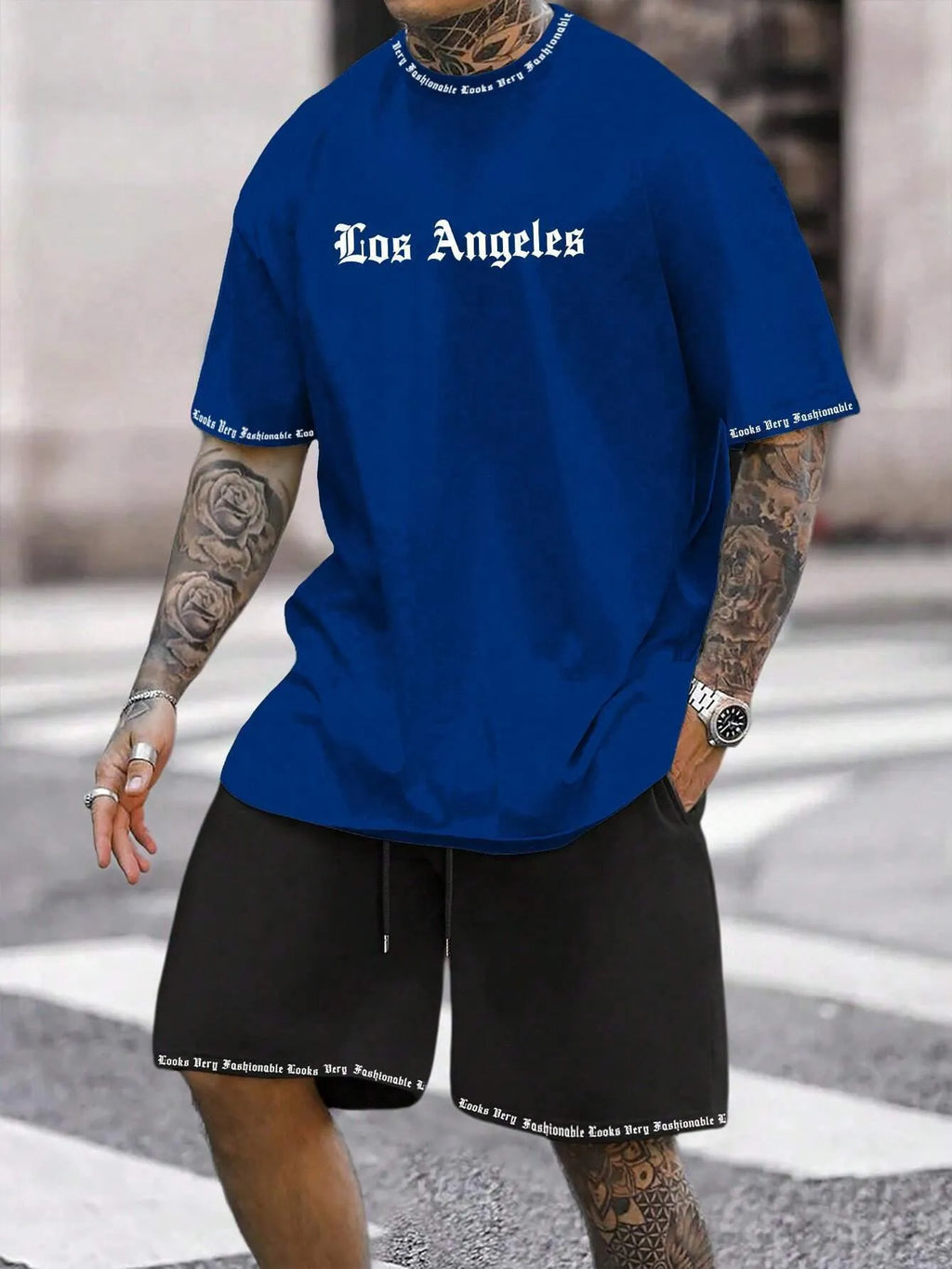 Men's printed sports shorts suit with short-sleeved top in multiple colour options