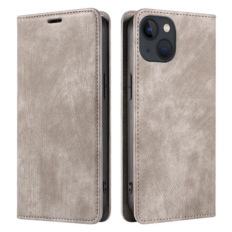 Magnetic flip iPhone case in black with TPU leather construction and magnetic closure flap