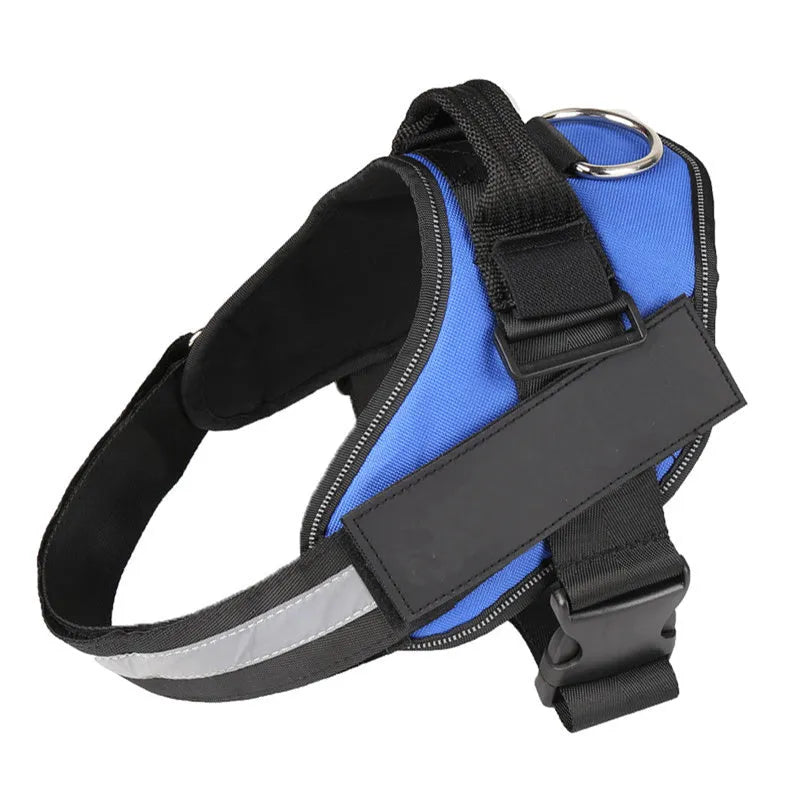 Adjustable no-pull dog harness vest with reflective strips and a chest strap, shown in various colours