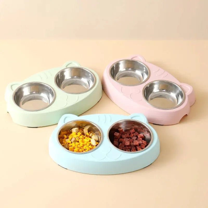 Blue plastic dual-bowl pet food and water feeder tray for cats and dogs