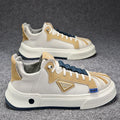 Men's beige low-top casual sneakers with elastic band closure and leather stitching details