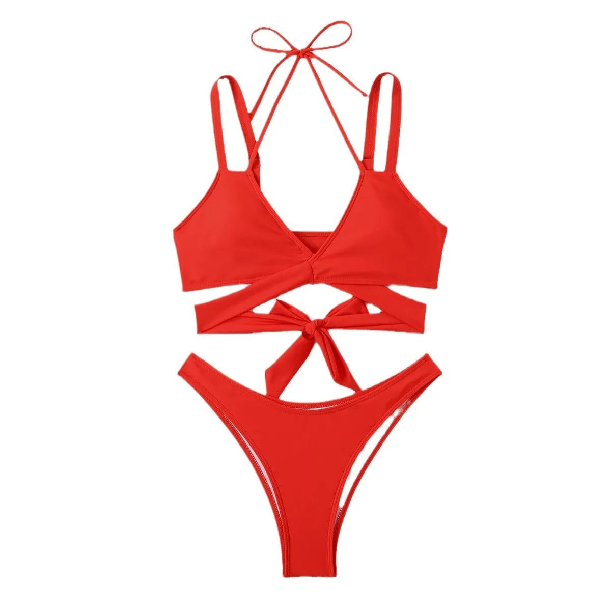 Women's solid colour brief bikini swimsuit on a hanger, showing sleeveless design.