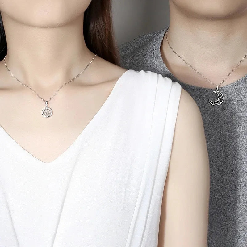 Sun moon tooth couple necklace for men and women with copper pendant and cross chain style