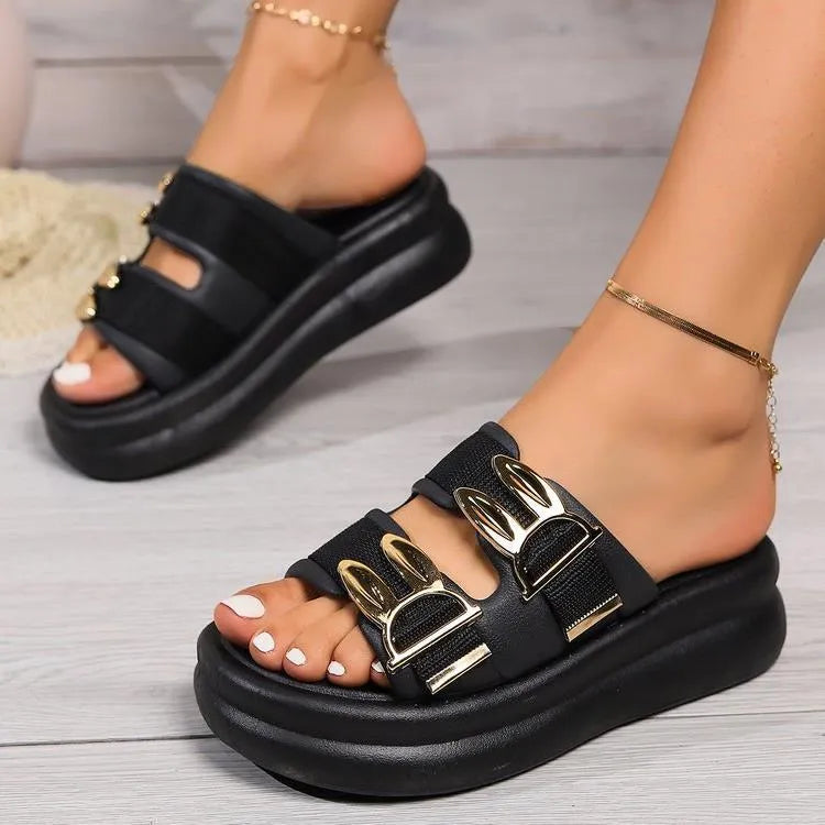 Women's suede upper slippers with thick rubber sole in apricot, black, and off white colours.