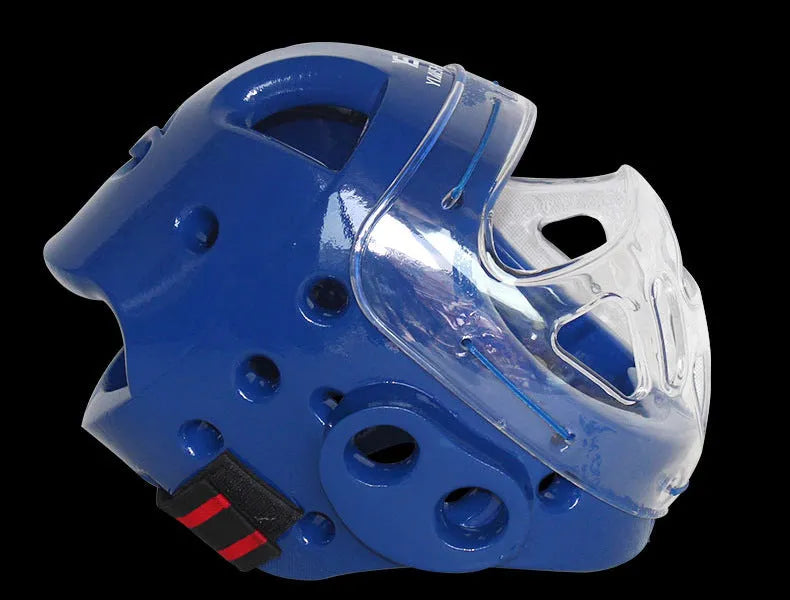 Karate helmet for boxing head protection in blue, red, or white colours available in multiple sizes