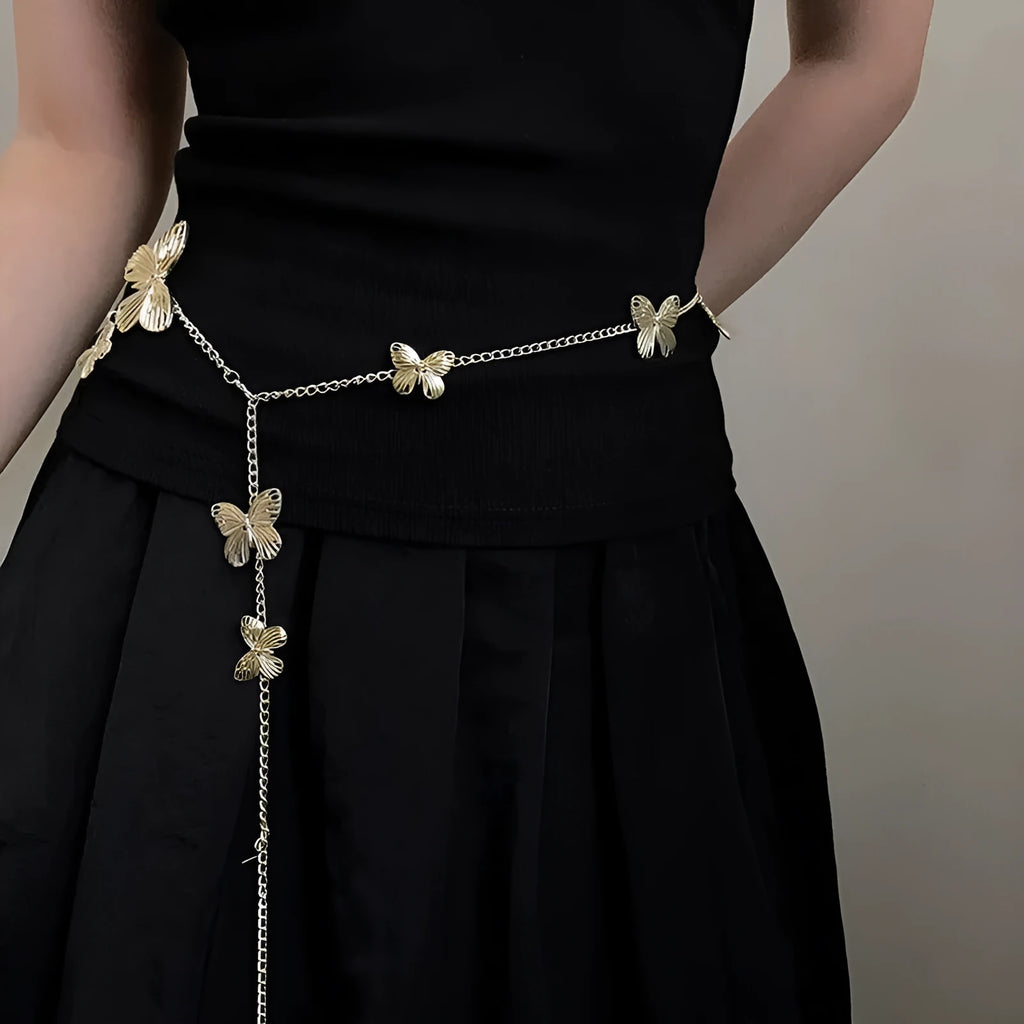 Gold or silver alloy waist chain belt with butterfly design measuring 104cm long and 40mm wide