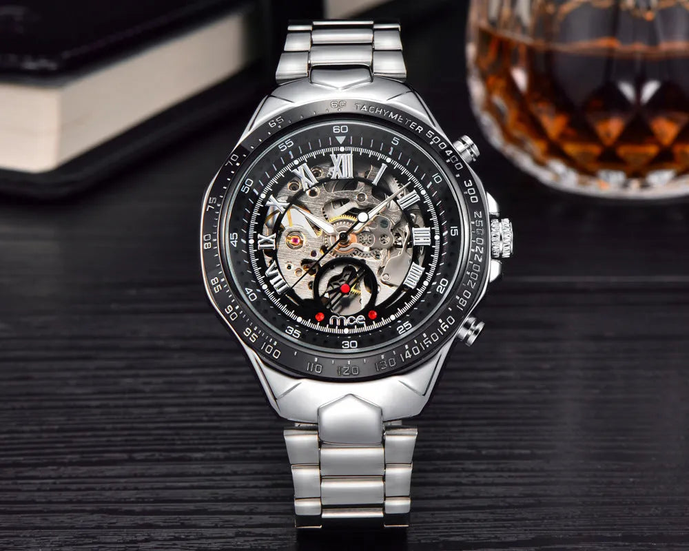 MCE men's explosion-proof mechanical watch on wrist, showing multiple colour options.