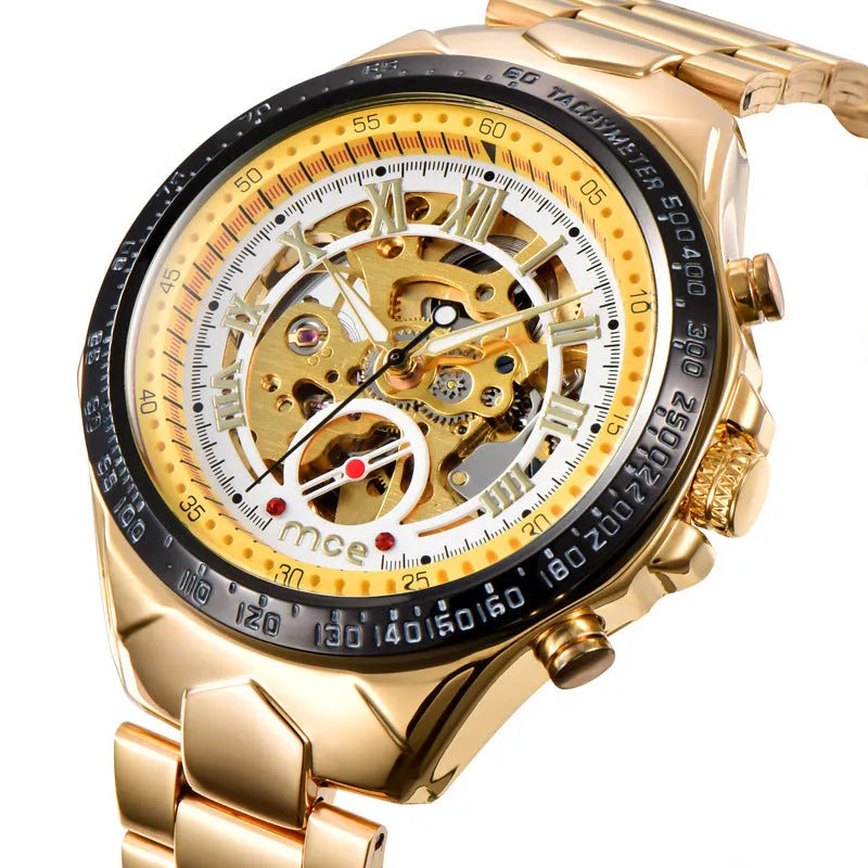 MCE men's explosion-proof mechanical watch on wrist, showing multiple colour options.