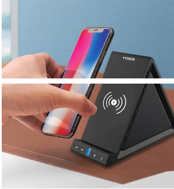 Black multifunctional Bluetooth speaker and wireless charger with built-in mobile phone stand.