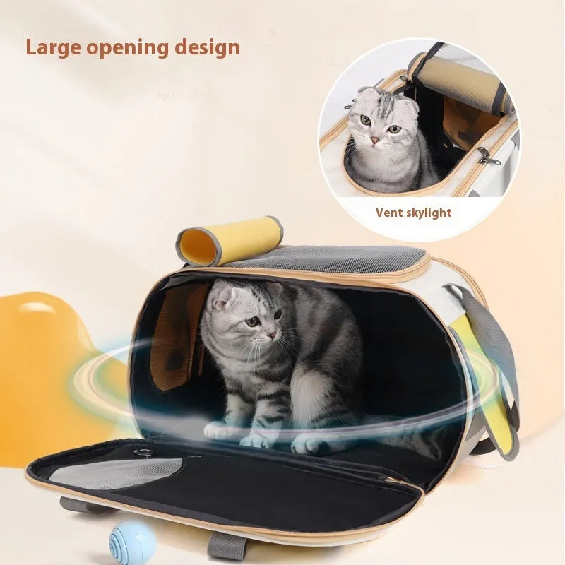 Yellow foldable canvas pet carrier bag with single shoulder strap, shown open.