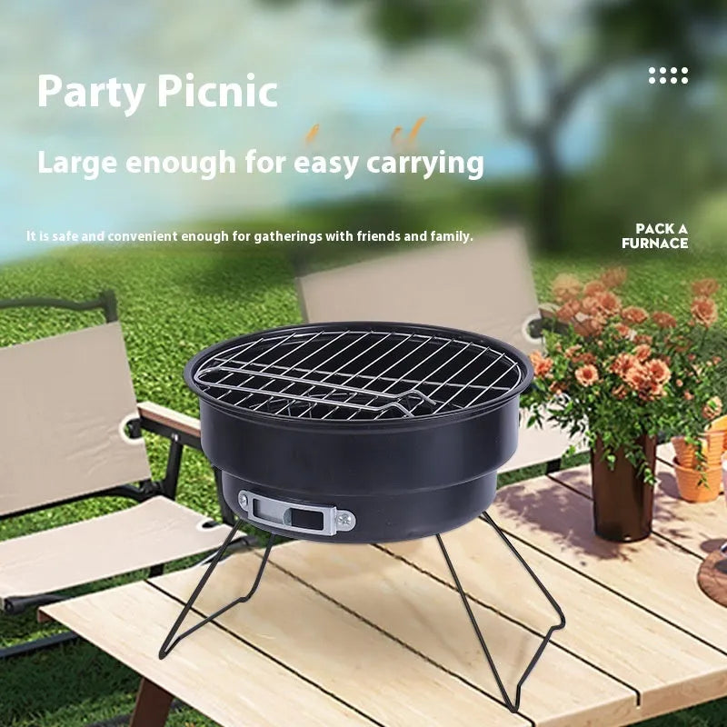 Small folding round ice stove with charcoal barbecue grill, mesh, and furnace legs for outdoor cooking