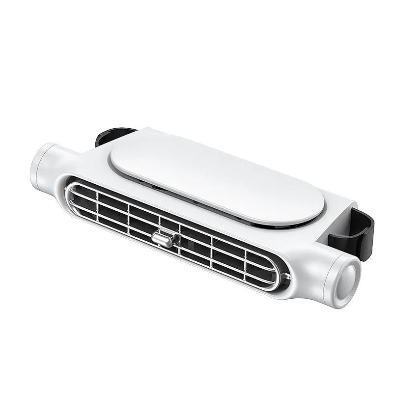 USB car fan with seat mounting, brushless motor, and three-speed control in black, white, or beige