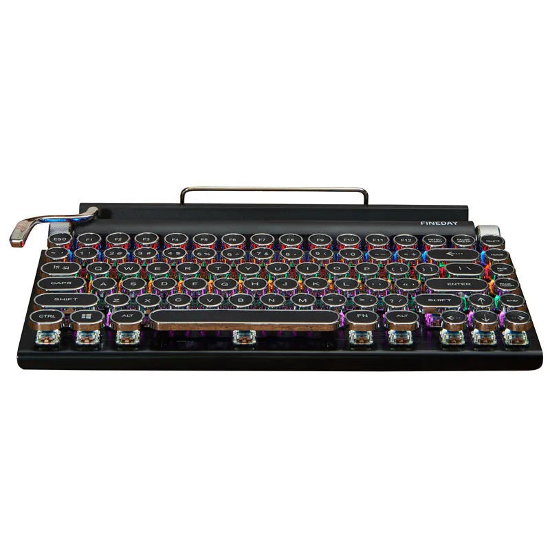 Black retro mechanical keyboard with 83 keys, metal body, and seven-colour backlight on a desk