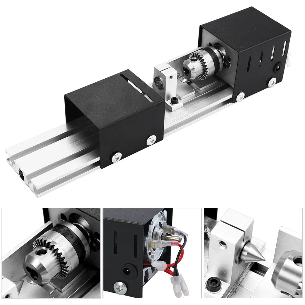 Mini metal woodworking lathe with carving knives on workbench