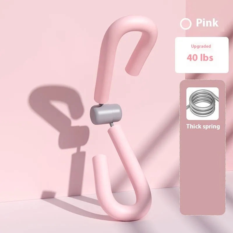 Yoga four piece fitness set showing leg beauty device, yoga ring, pedal tensioner, and figure eight tension rope.