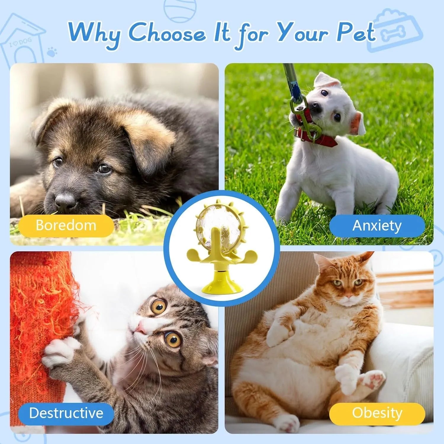Blue interactive pet puzzle toy with spinner and suction cup base for cats and small dogs.
