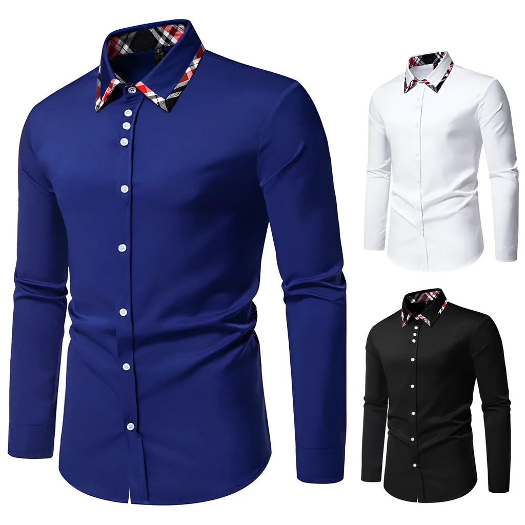 Men's plaid shirt with triangle collar and contrast colour panels in polyester blend fabric
