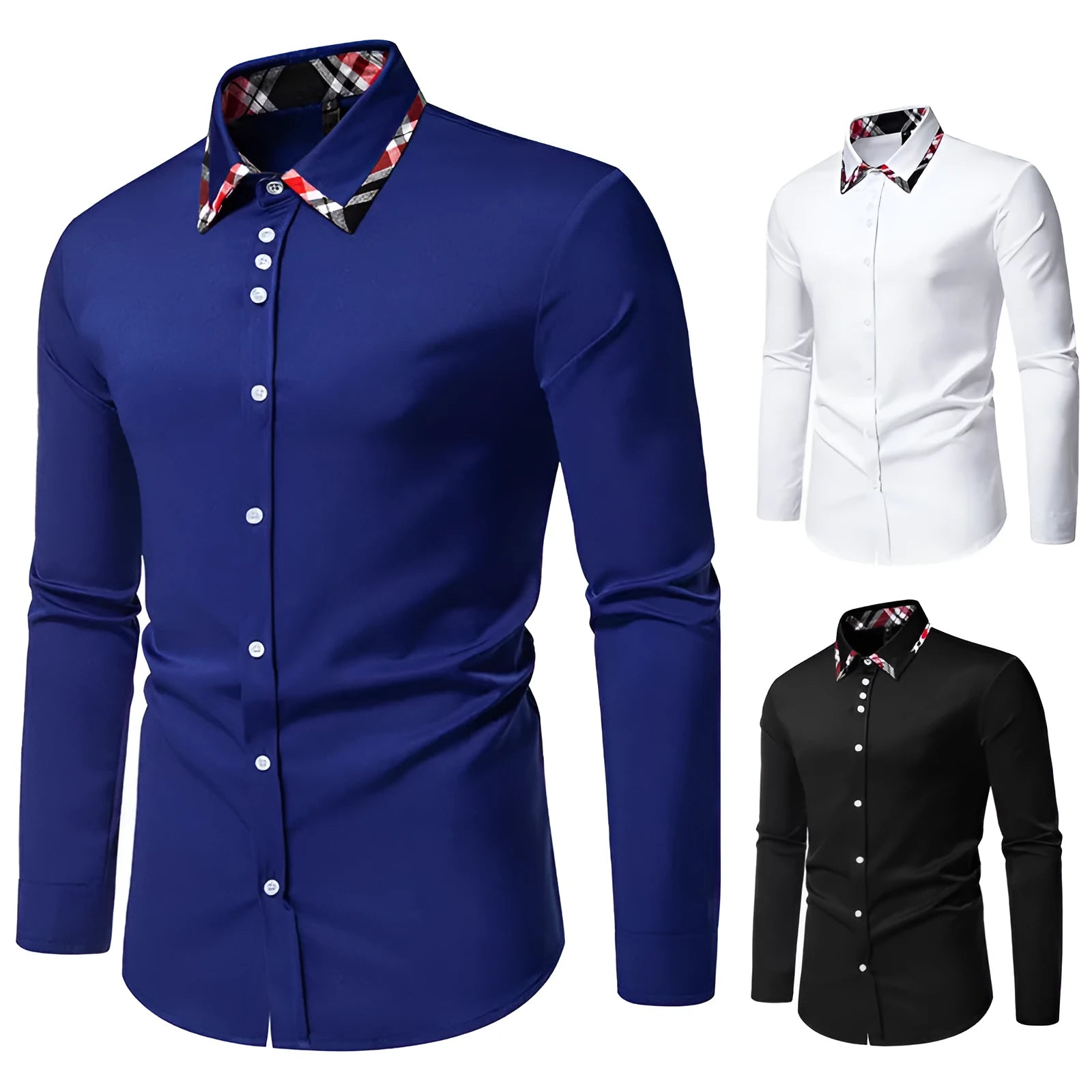 Men's plaid shirt with triangle collar and contrast colour panels in polyester blend fabric