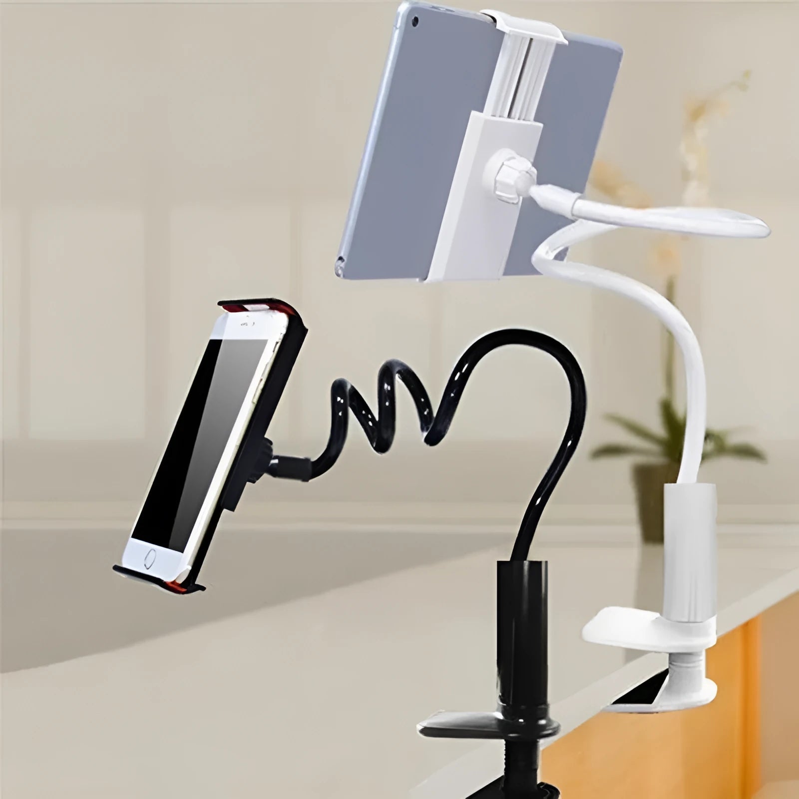 Black and white flexible mount holder with adjustable magnalium arm and suction base for phone tablet mounting