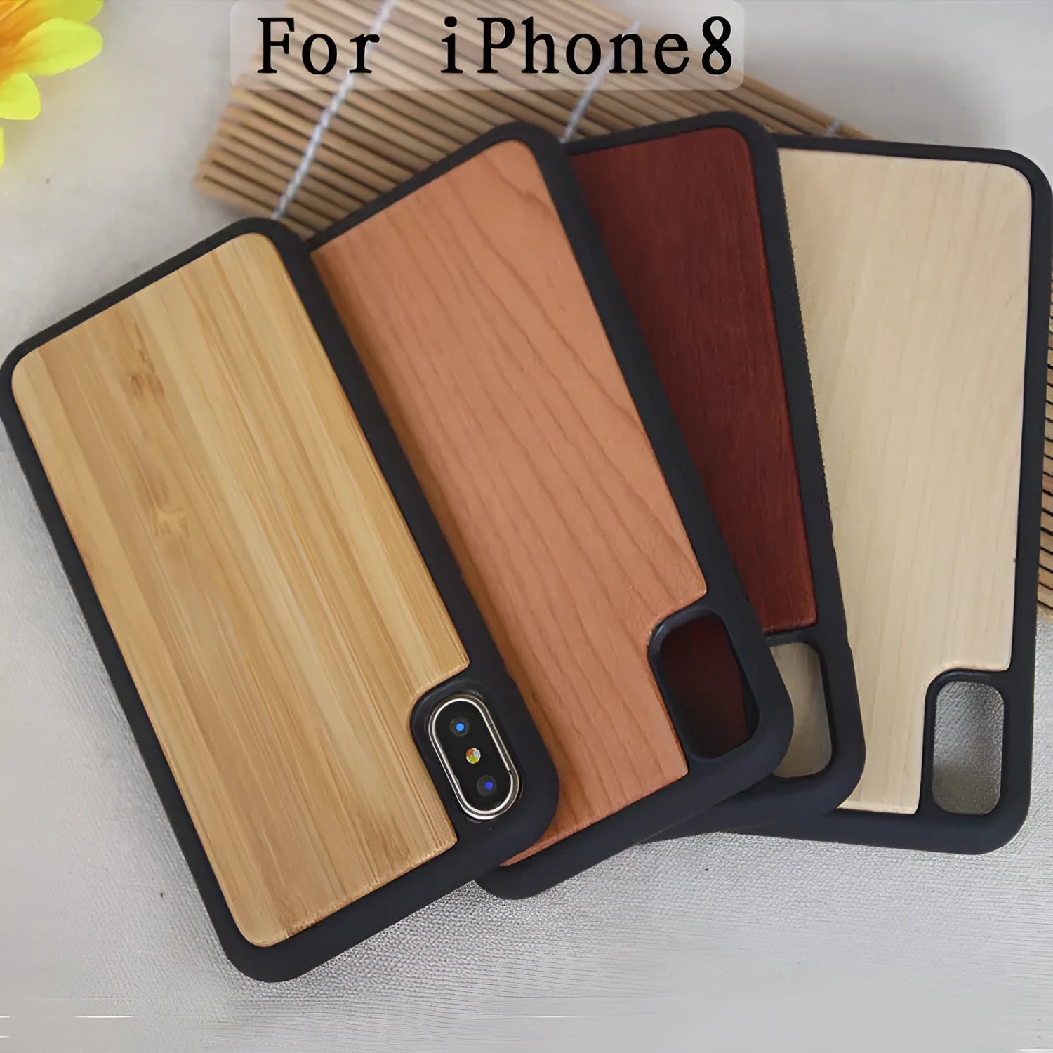 Wooden hybrid phone case with bamboo back and black TPU bumper for iPhone.
