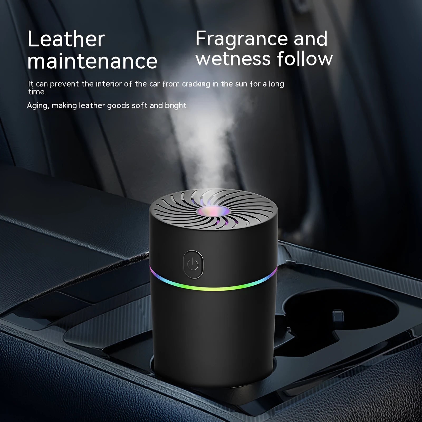 Compact white car USB humidifier with aromatherapy function shown in vehicle cup holder