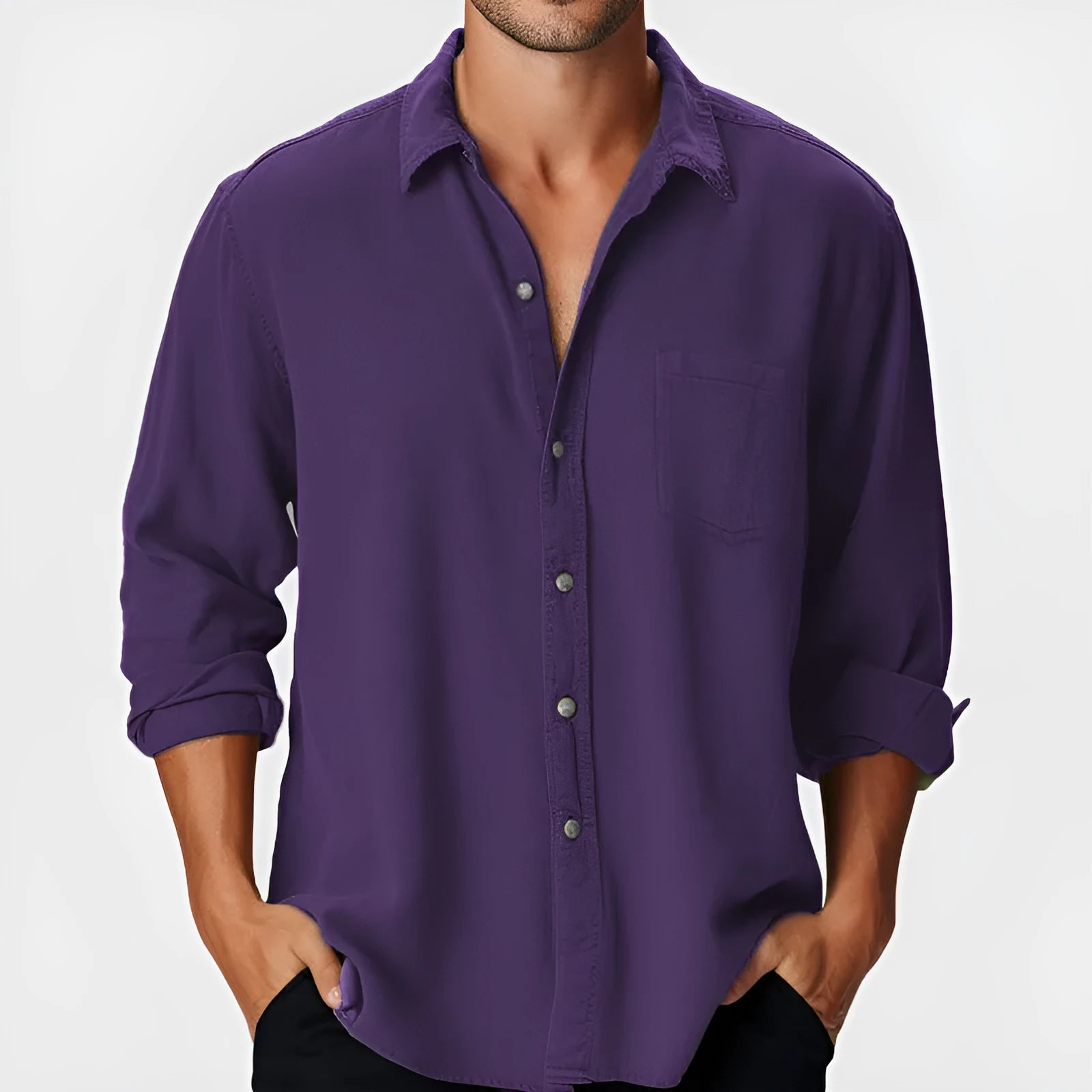 Men's loose fit beach shirt with stand collar and long sleeves in polyester fabric