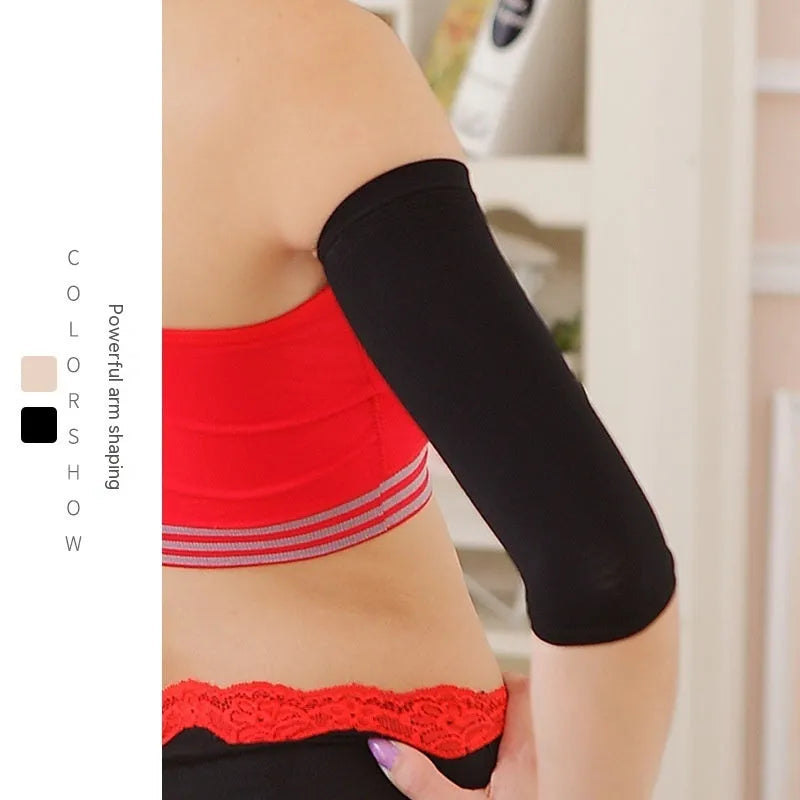 Women's nylon shaping arm sleeves in black and skin tone colours with free size fitting