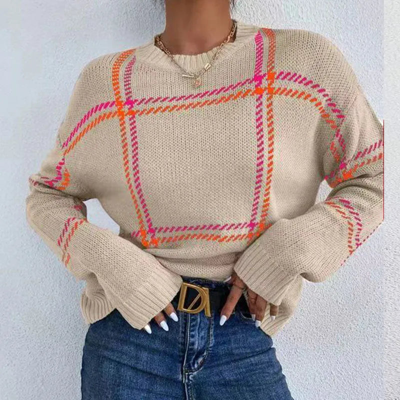 Women's casual plaid colour-block crew neck acrylic sweater in loose fit pullover style