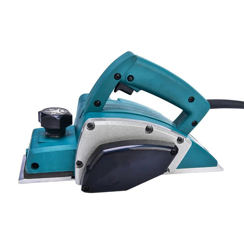 Red desktop electric wood planer with aluminium housing and 82mm planing width