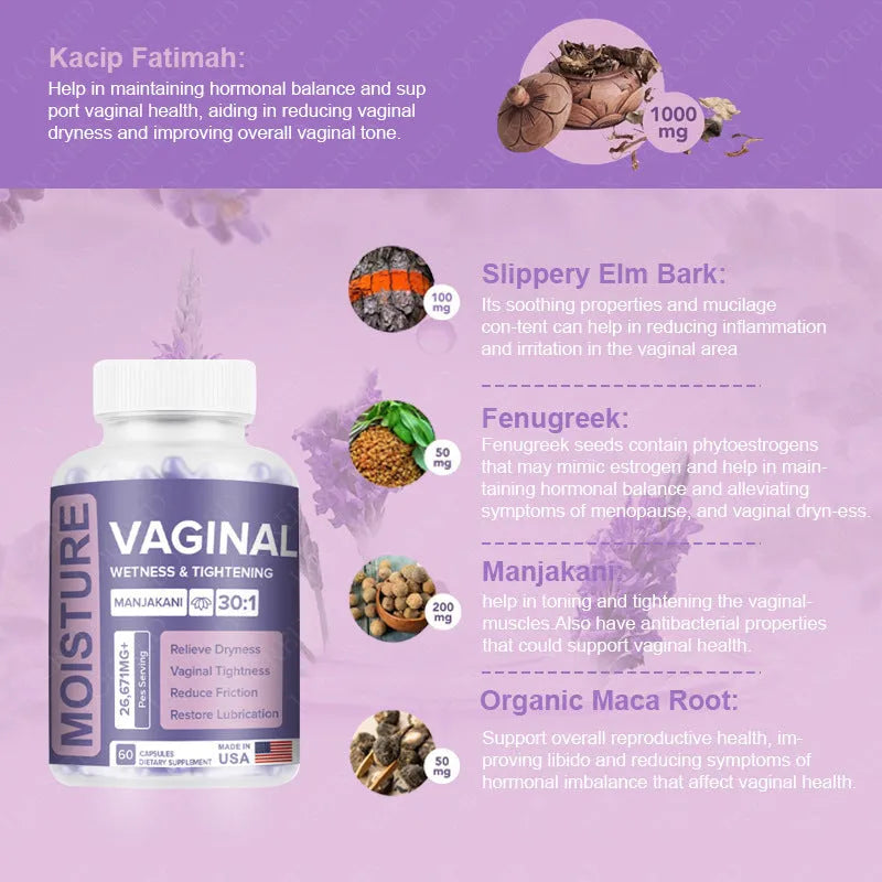 Bottle containing 60 vaginal supplement capsules for adult women's intimate health