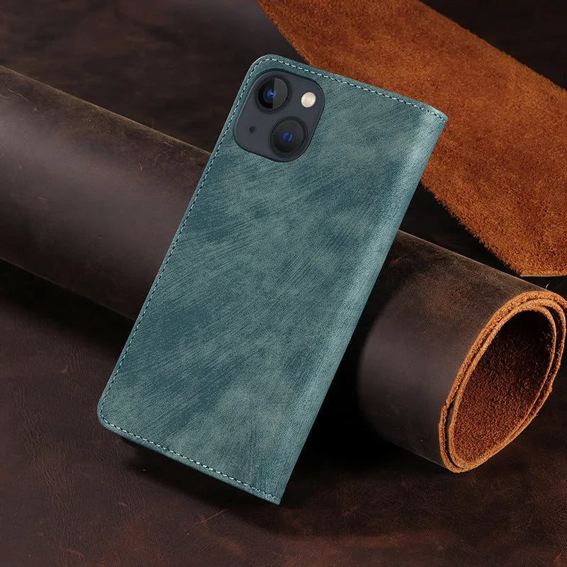 Magnetic flip iPhone case in black with TPU leather construction and magnetic closure flap