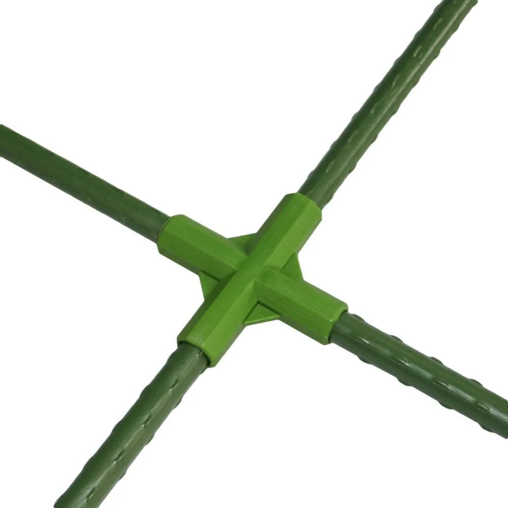 Two white PP plastic plant support connectors for 11mm garden stakes on a green background