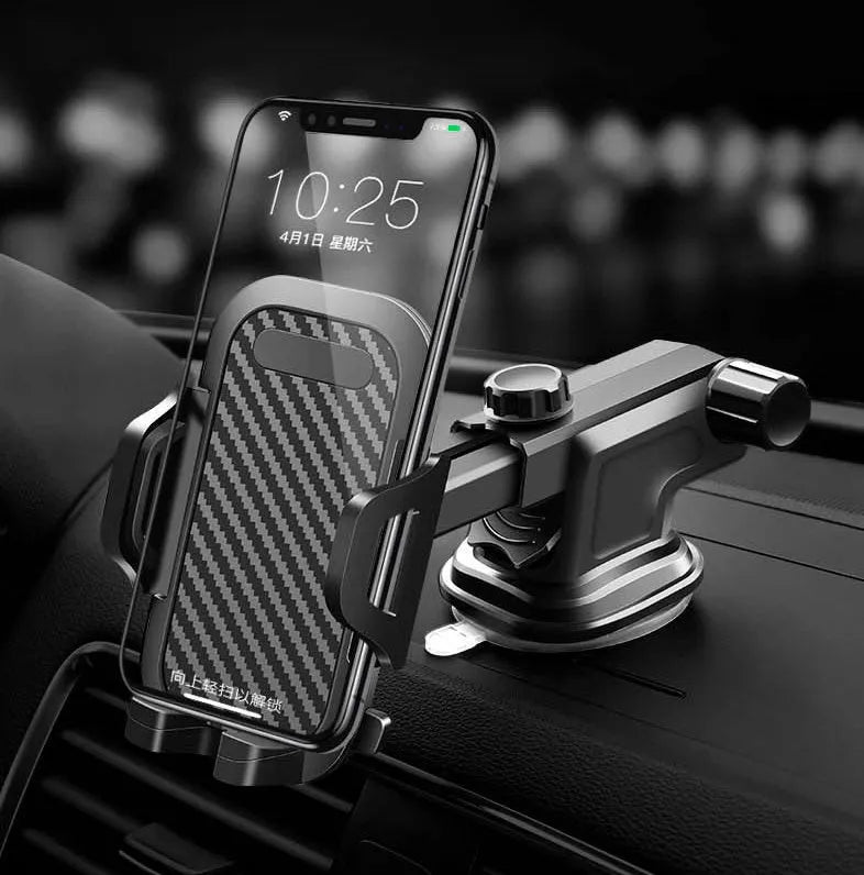 Black universal dashboard car phone holder for mobile phones between 4 and 7 inches.