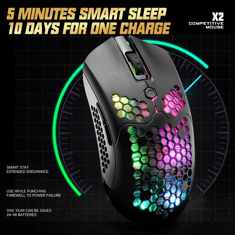 Free Wolf X2 dual-mode wireless gaming mouse with RGB lighting in black, green, pink, white, and yellow colour options