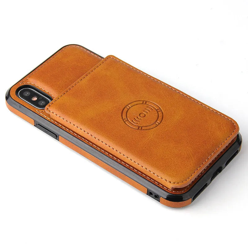 Imitation leather card wallet phone case for iPhone 11 in black, blue, brown, orange, pink, and red colour options.