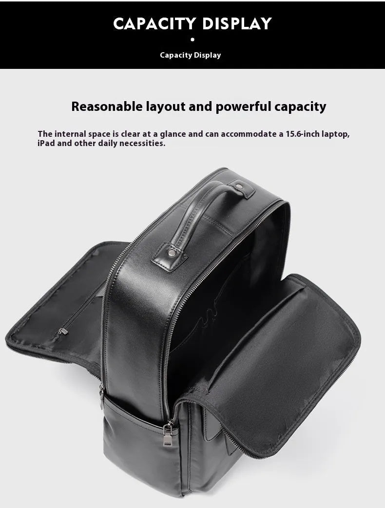 Black genuine leather men's computer backpack with large 55L capacity shown from a side angle.