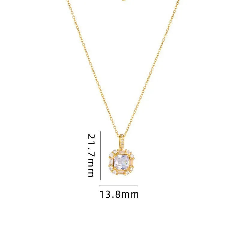 Women's geometric clavicle chain with quadrilateral pendant containing mixed gem inlays on water wave titanium steel chain