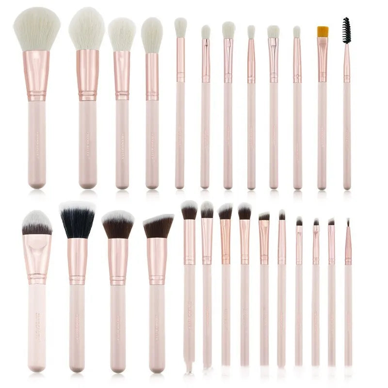 26 pink makeup brushes with wool bristles and wooden handles in a PU storage bag.