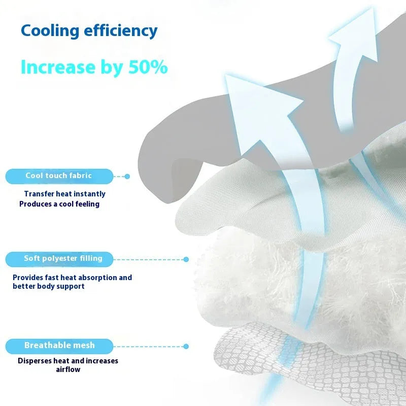 Ice silk pet cooling mat for dogs in light grey with dog head pattern and non-slip base