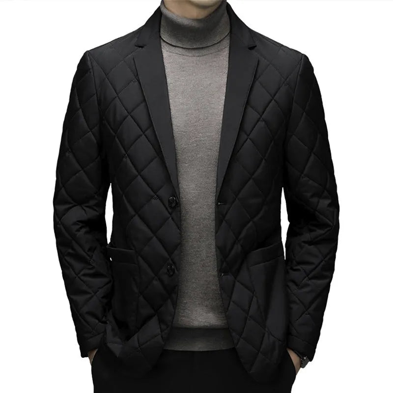 Men's solid colour lapel collar winter down jacket shown in cardigan style.