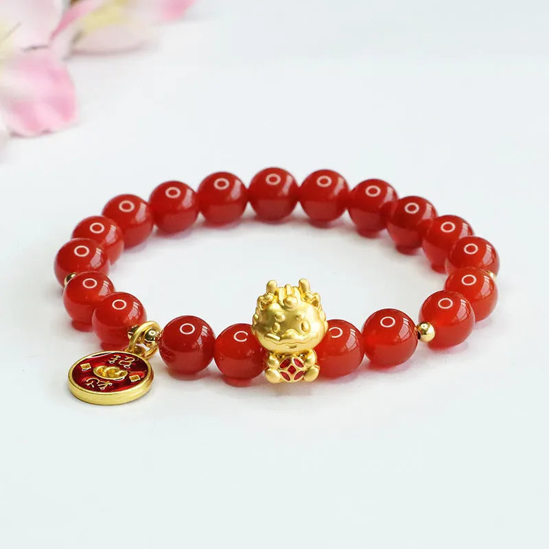 Red agate dragon zodiac bracelet with 8mm beads in traditional Chinese style