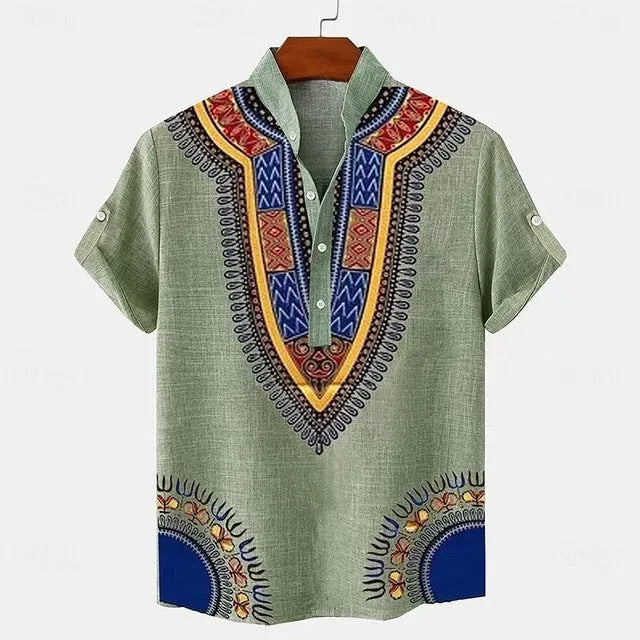 Men's striped casual linen shirt with personalised buttons on a hanger, shown in a loose fit.