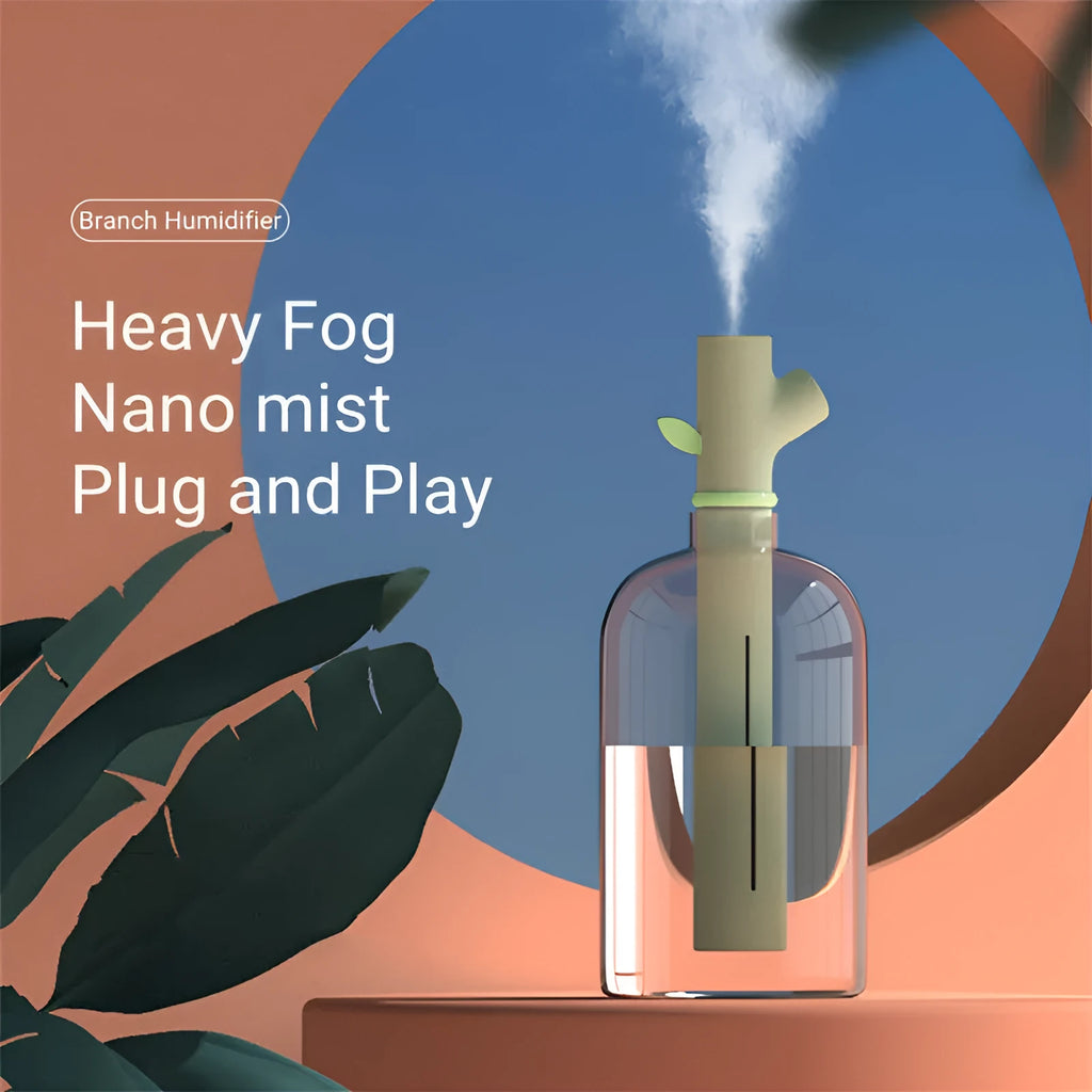 Transparent mini USB humidifier with water bottle design showing adjustable mist output